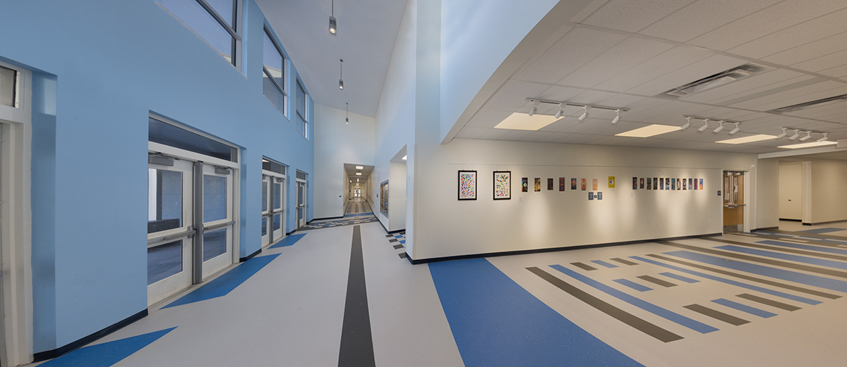 Interior design lobby view of the Plumosa School of the Arts in Delray Beach. FL. 